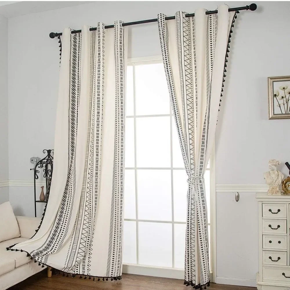 Bohemian Cotton Linen Curtain Panel with Tassels Geometric Print Farmhouse
